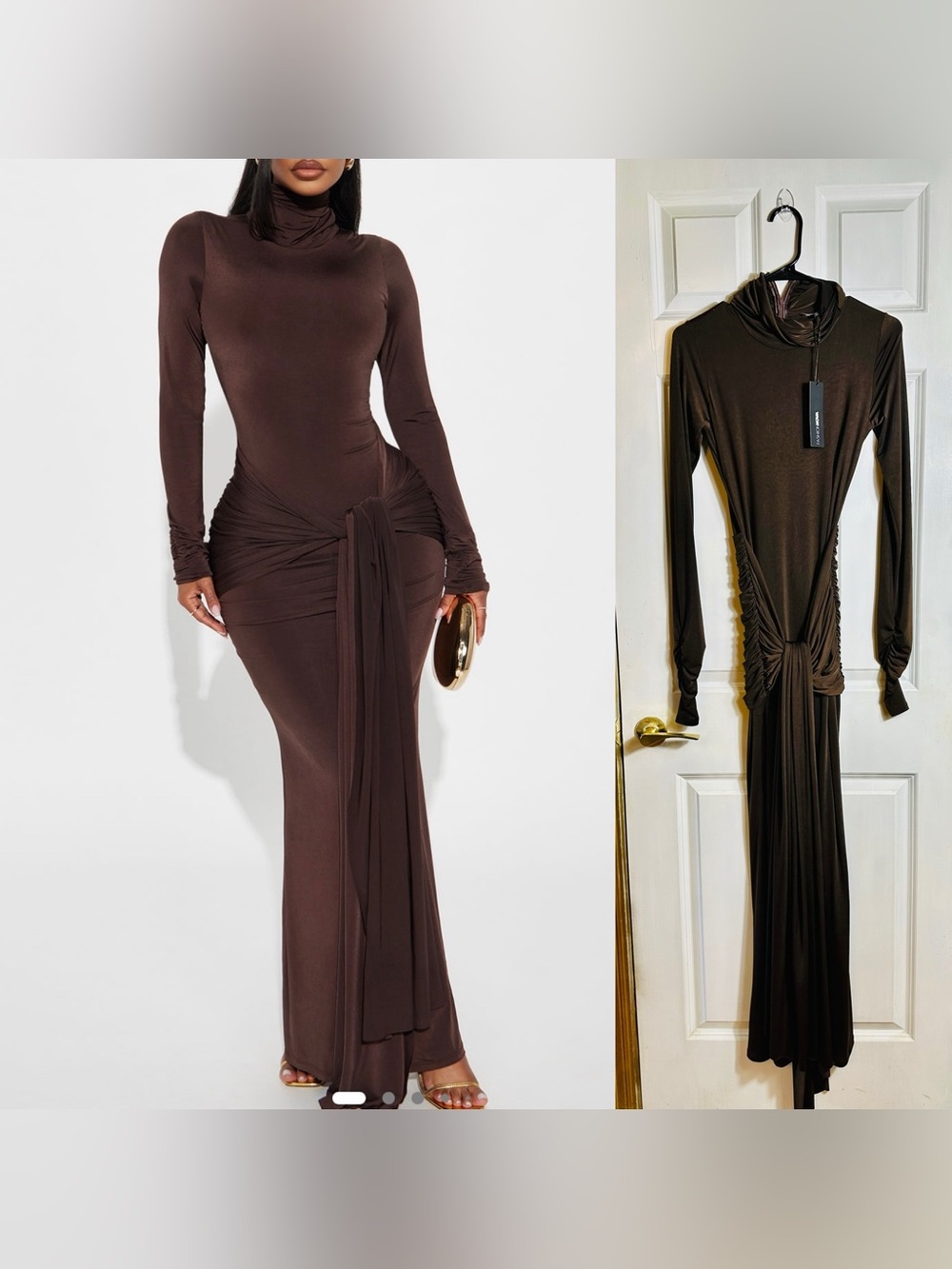 Fashion Nova Chocolate Brown Long Sleeve Turtleneck Maxi Dress
